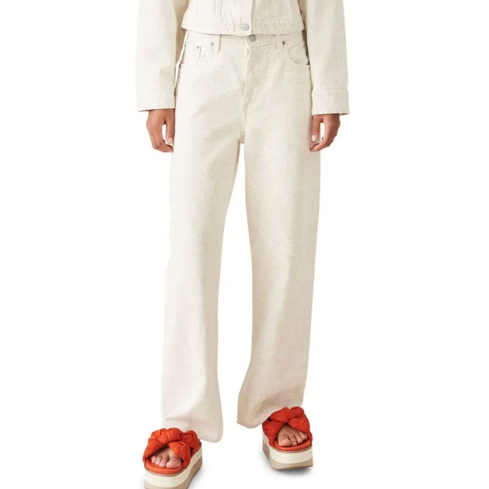 Levi's x Ganni Jean Women 26 Cream High Rise Loose Straight Slit Hem Floral